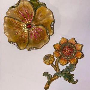 Rare Gorgeous Set Of Jay Strongwater Sunflower Enamel Trinket Box + Flower Dish